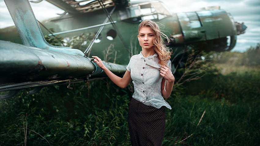 Girl Model Is Standing Near Military Helicopter Wearing White Black Design Dress Girls HD wallpaper