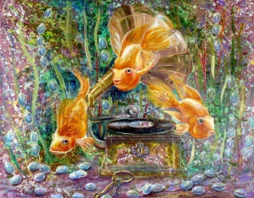 Мистериозен подводен свят от Ирина Сучелницки, синьо, животно, Ирина Соучелницки, изкуство, оранжево, розово, музика, капка, , ключ, абстрактно, топка, риба, вода, роса, мистериозен подводен свят HD тапет