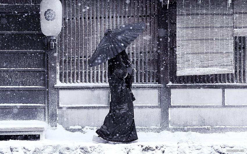 Giappone, inverno, neve, giapponese, ombrelli Sfondo HD