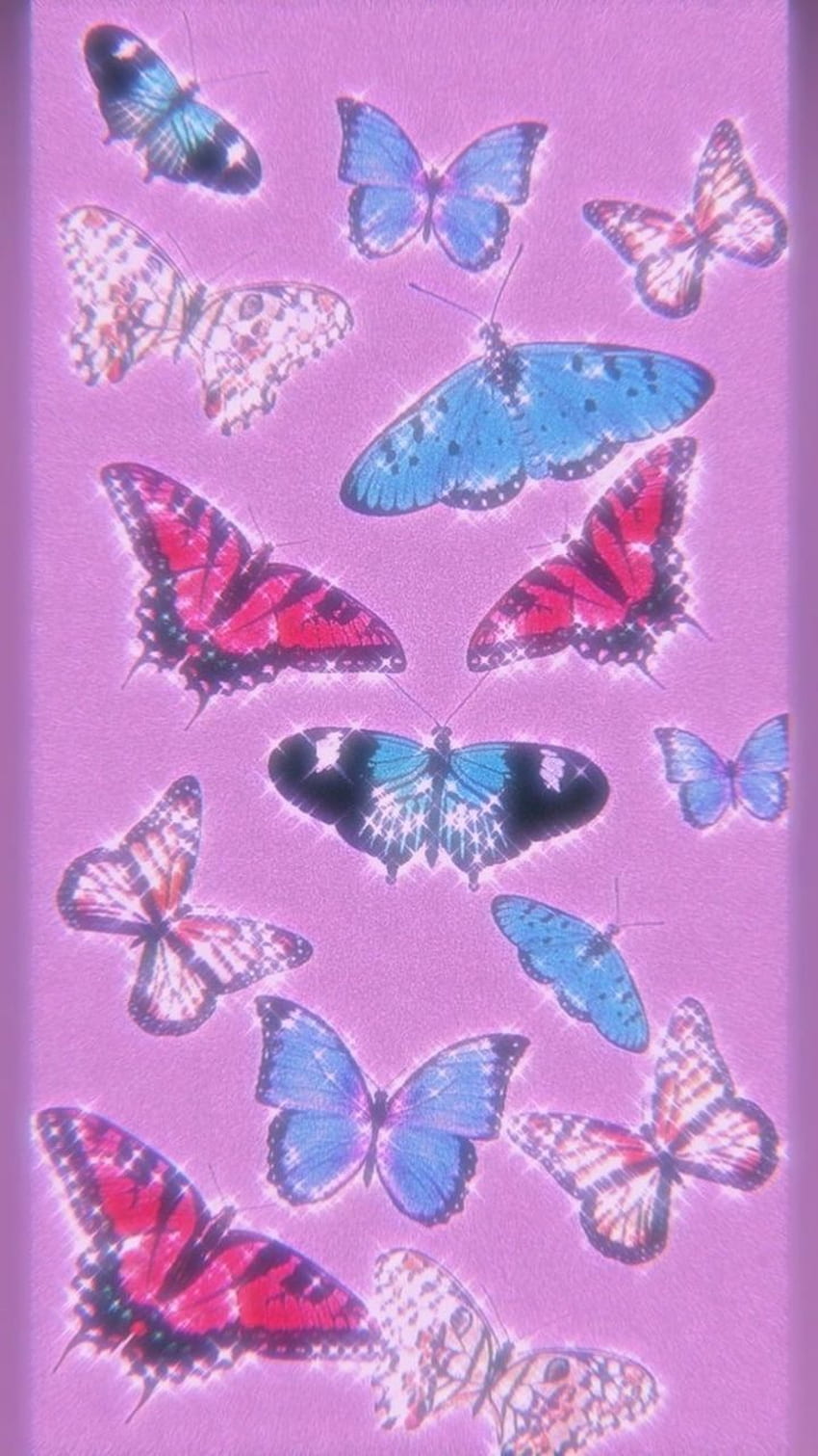 Mariposas moradas con destellos estéticos, mariposa con purpurina rosa fondo de pantalla del teléfono