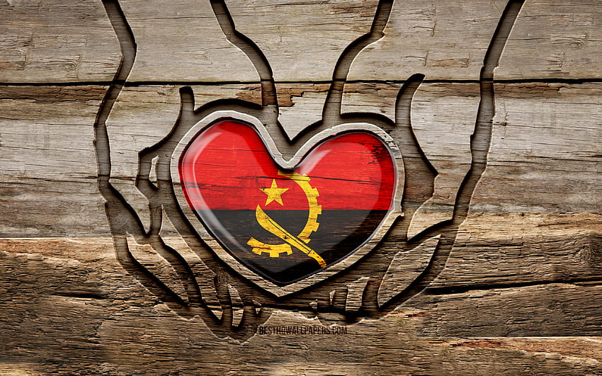 Ich liebe Angola, Holzschnitzhände, Tag von Angola, angolanische Flagge, Flagge von Angola, Pass auf Angola auf, kreativ, Angola-Flagge, Angola-Flagge in der Hand, Holzschnitzerei, afrikanische Länder, Angola HD-Hintergrundbild
