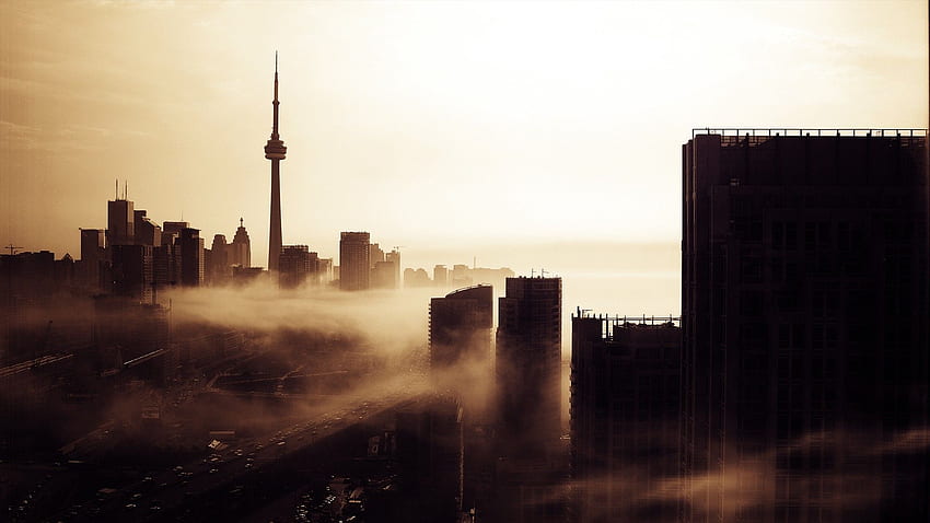 Niebla del amanecer de la Torre CN de Toronto fondo de pantalla