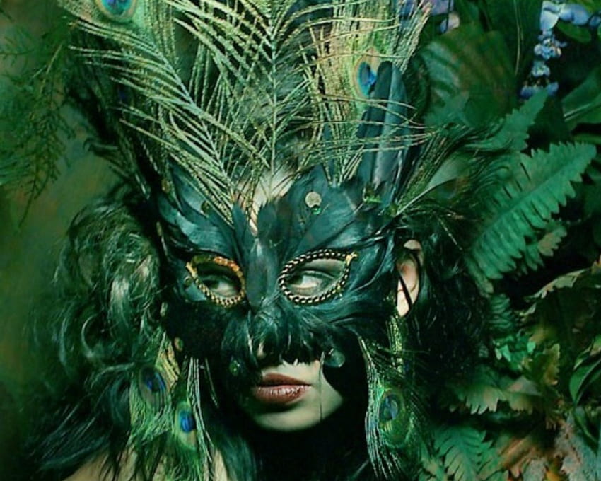 Green Feather Mask, feather, mask, green, woman HD wallpaper