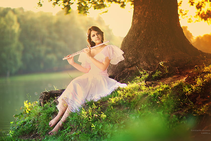 in the morning, flute, girl, grass, dress, tree, lake, wind, instrument, fantasy, green, female HD wallpaper