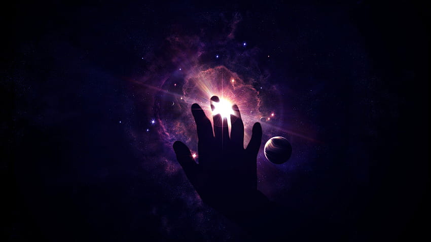 Touch into the space, black hand, black, stars, hand, purple space, star, planet, purple planet, space HD wallpaper