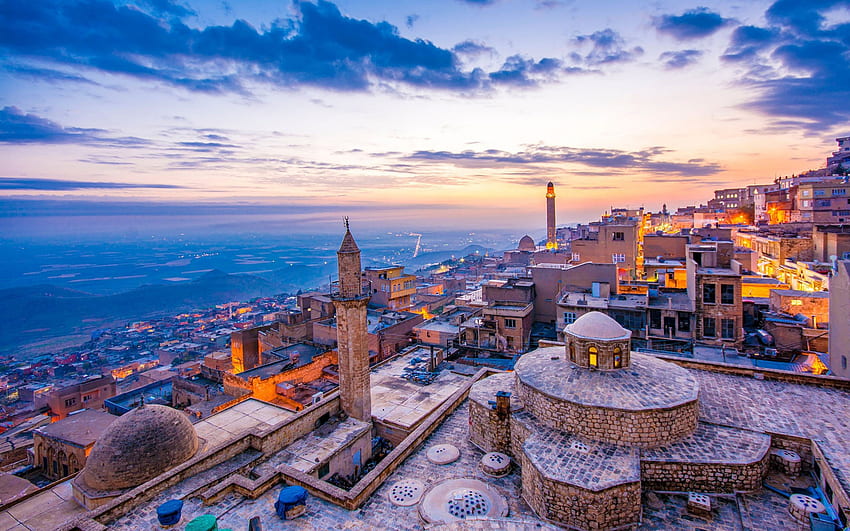 Mardin, soirée, coucher de soleil, château de Mardin, ville vintage, Zinciriye Medresesi, panorama de Mardin, paysage urbain de Mardin, Turquie Fond d'écran HD