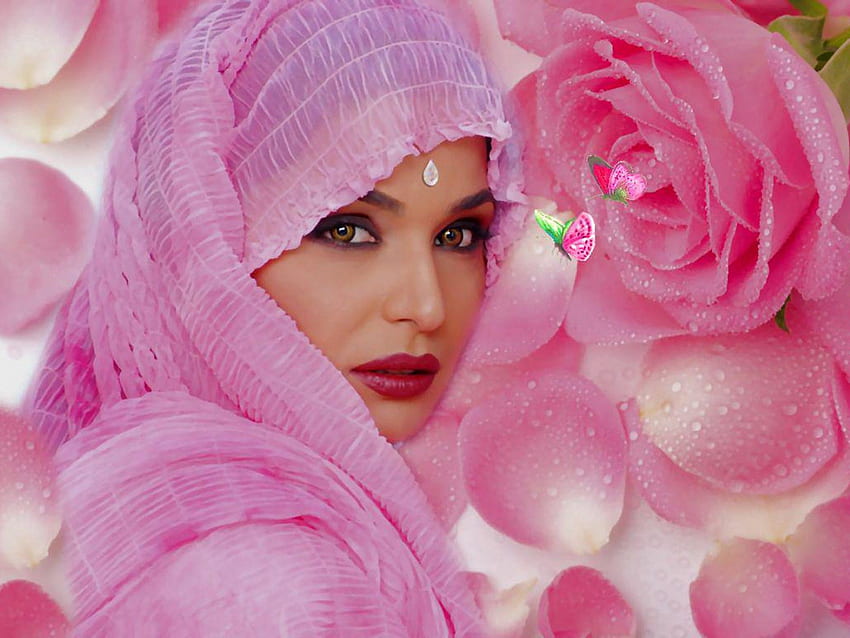 Veil Peach Gem Pink Red Roses Black Girl White Green Fantasy Brown 141723 HD wallpaper
