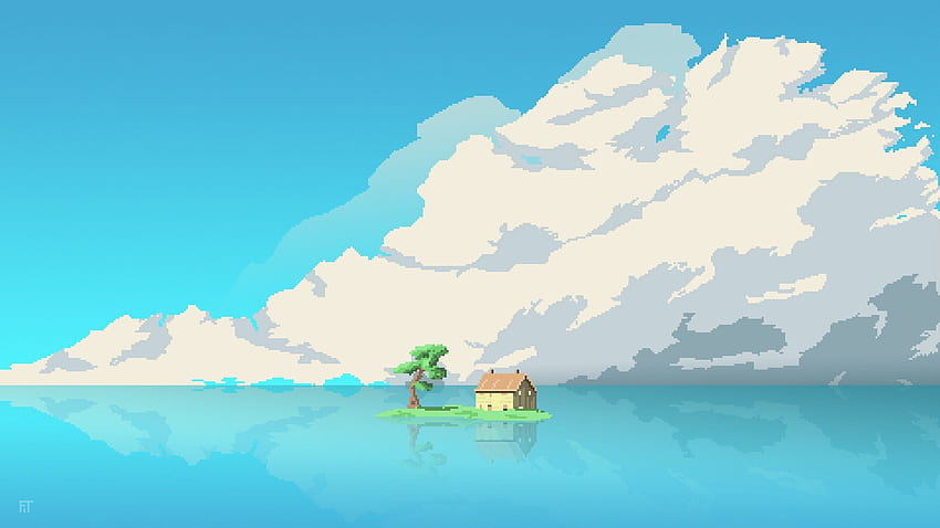 Casa de pixel art em uma pequena ilha. Plano de fundo, arte de pixel de nuvem papel de parede HD