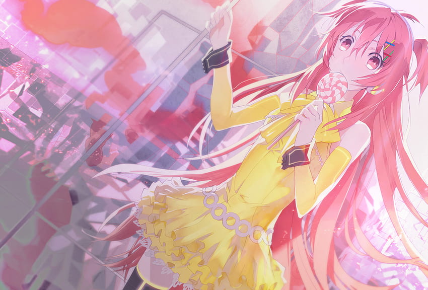 Vocaloid, nanase kanon, red eyes, pink hair, long hair, dress, candy HD wallpaper