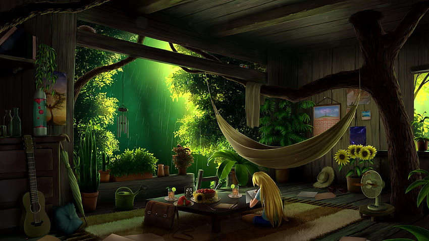 Anime Girl, Botanical Room, Studieren, Regnen, Baum, Blond, Stimmung für U TV HD-Hintergrundbild