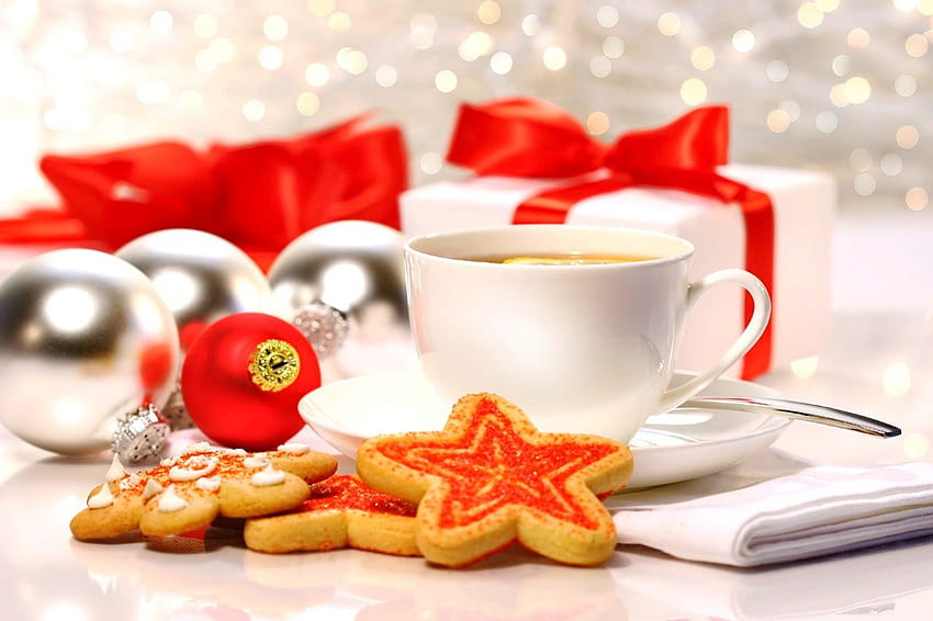 Time for tea, tea, nice, holiday, coffee, new year, cheristmas, tea time, hot, balls, beautiful, cup, decoration, time, pretty, red, lovely, cookies HD wallpaper