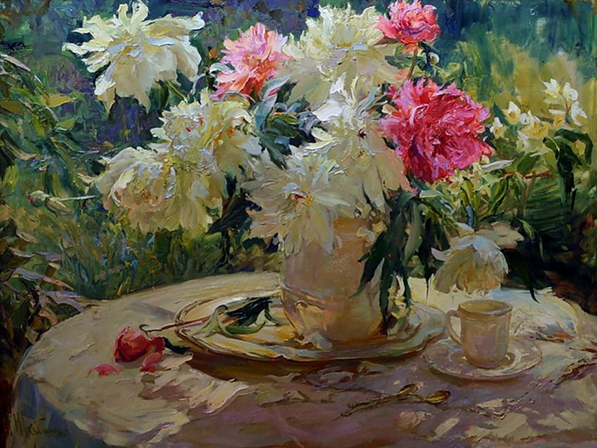 Table Setting, art, peony, floral, romance, beauty, still life, artwork, painting, flower, love HD wallpaper
