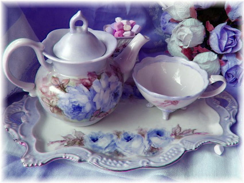 Tea time, blue, pink, white, floral pattern, roses, cup, teapot HD wallpaper