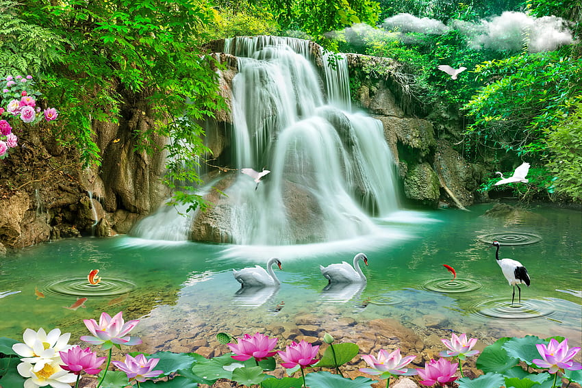 Райски водопад, вълшебен, рай, водопад, омагьосан, езерце, приказка, красиво, лебеди, фантазия, дървета, цветя, гора HD тапет