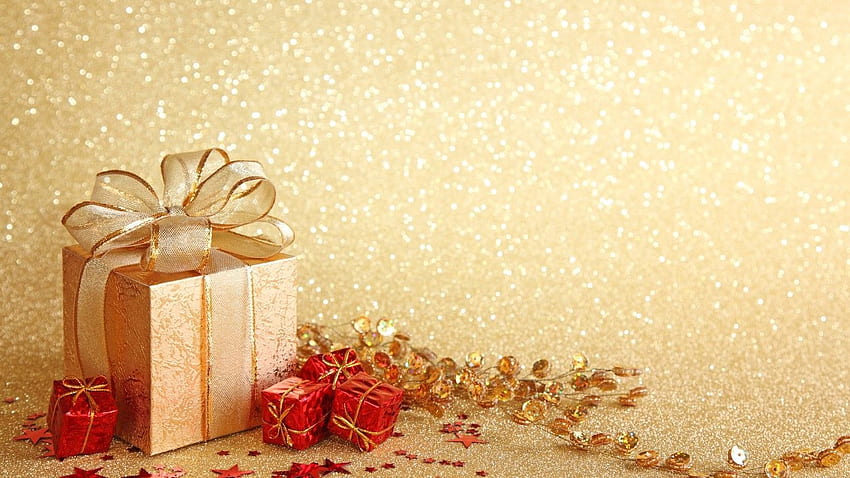 Caixas de presente de Natal - fundo dourado. Feriado de Natal . presentes de natal, caixa de presente de natal, saudações de natal papel de parede HD