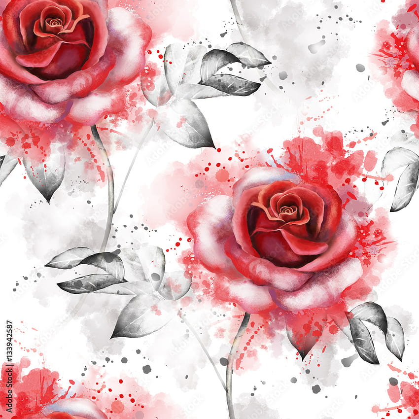 흰색 배경에 붉은 꽃과 잎이 있는 매끄러운 패턴, 수채색 꽃무늬, 파스텔 색상, 카드 또는 직물용 장미. 텍스타일 디자인. 튀김, 페인트 스톡 일러스트 HD 전화 배경 화면
