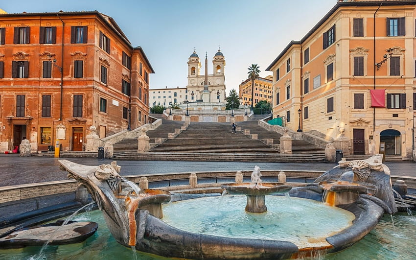 ローマのフォンタナ・デッラ・バルカッチャとスペイン階段、階段、都市、広場、噴水 高画質の壁紙