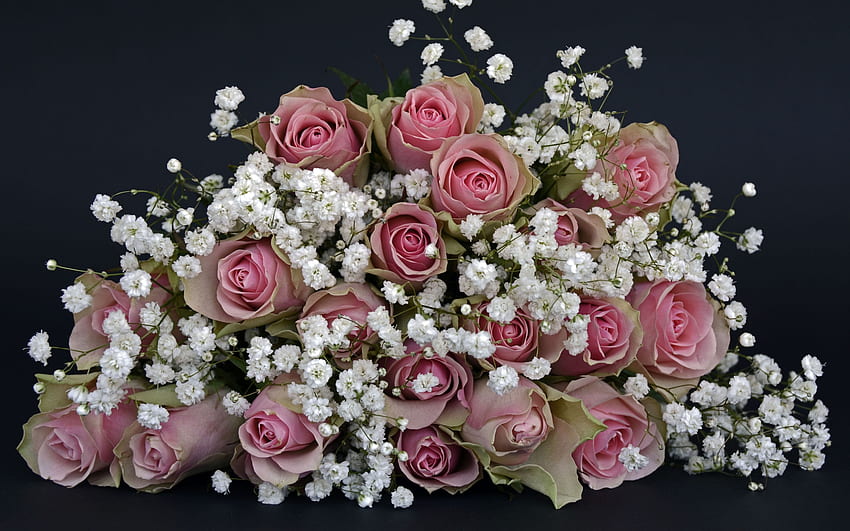 Bouquet de roses, souffles de bébé, bouquet, fleurs, roses Fond d'écran HD