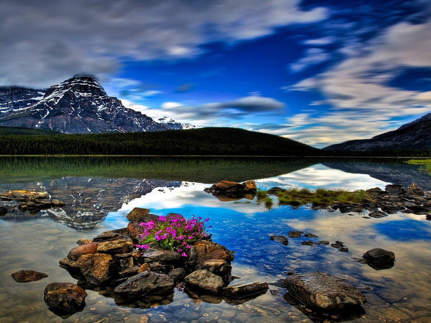 mountain reflection, stone, reflection, water, mountain HD wallpaper
