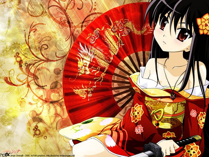 Fille japonaise avec ventilateur, épée, anime, rouge, fille, ventilateur Fond d'écran HD