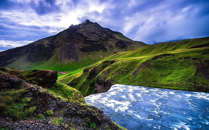 Islanda, cascata, estate, montagne, fiume, Europa con risoluzione . Alta qualità Sfondo HD