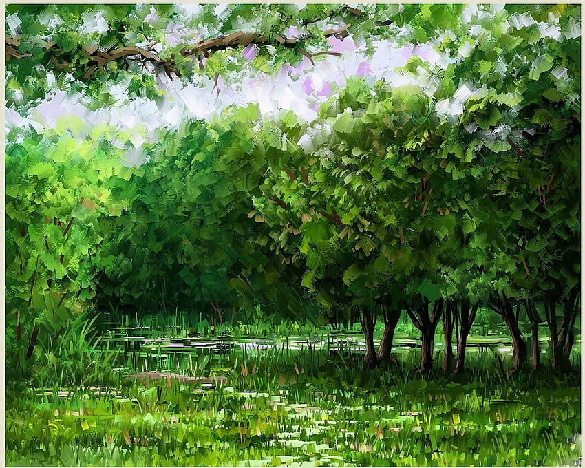 malerei, aquarell, friedlich, schön, gras, schön, blätter, zeichnung, grün, cool, bäume, natur, ruhig HD-Hintergrundbild