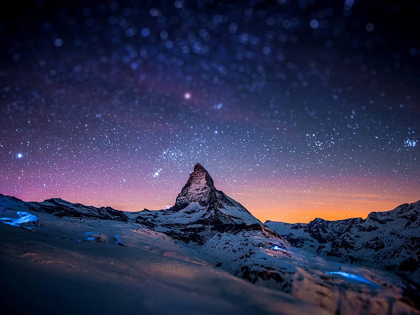 Switzerland Mountains Snow Night Stars Matterhorn Zermatt HD wallpaper