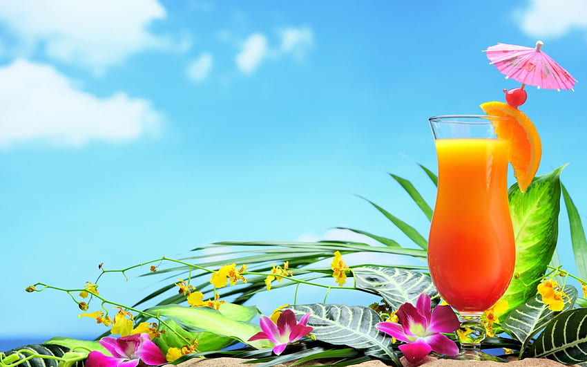 Летен коктейл, графика, ваканция, празник, сезон, абстрактно, стъкло, плодове, , плодове, портокал, лято, коктейл, SkyPhoenixX1, облаци, небе, цветя, напитка HD тапет