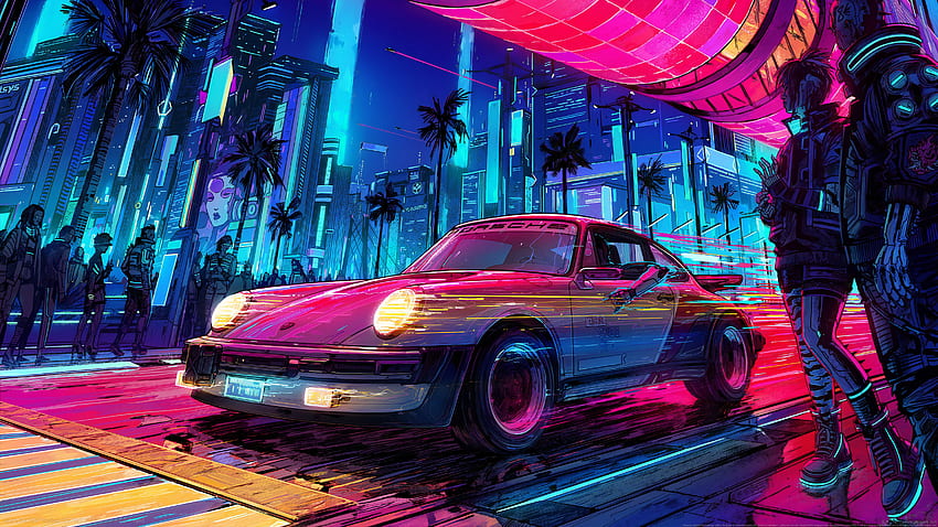 Video Games Video Game Art Digital Art Porsche Retro Car Neon Cyberpunk Cyberpunk 2077 Watermarked - Resolution: HD wallpaper