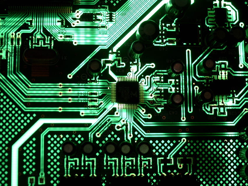緑色のライト テクノロジー マザーボード輝くマザーボード回路図の背景と 高画質の壁紙