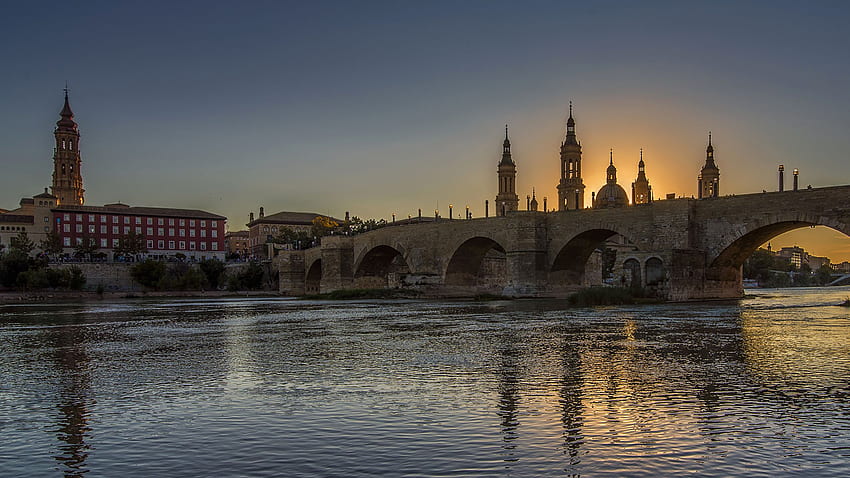 Spain Zaragoza Aragon Bridges Rivers Evening HD wallpaper