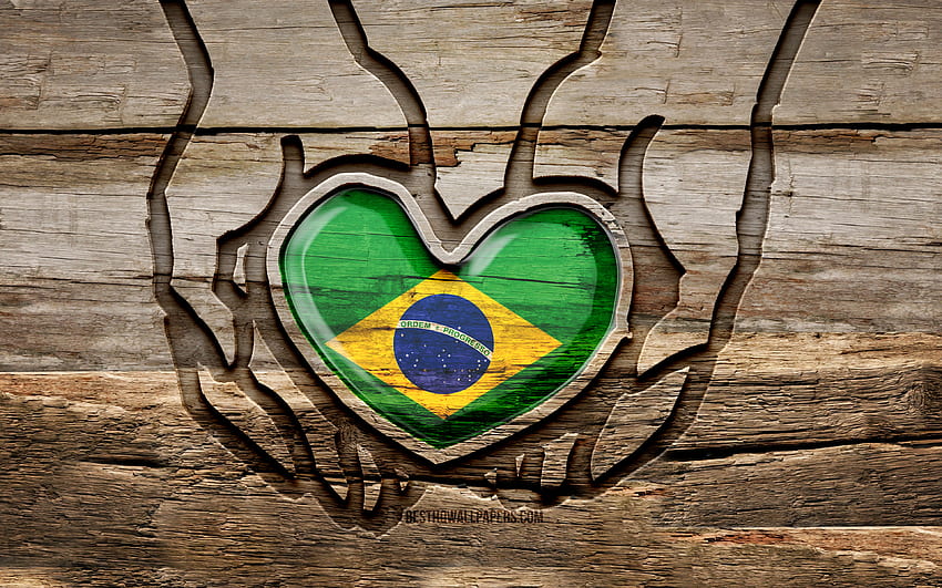Kocham Brazylię, drewniane rzeźbione ręce, Dzień Brazylii, brazylijska flaga, Flaga Brazylii, Zadbaj o Brazylię, kreatywny, Flaga Brazylii, Flaga Brazylii w ręku, rzeźbienie w drewnie, Kraje Ameryki Południowej, Brazylia Tapeta HD