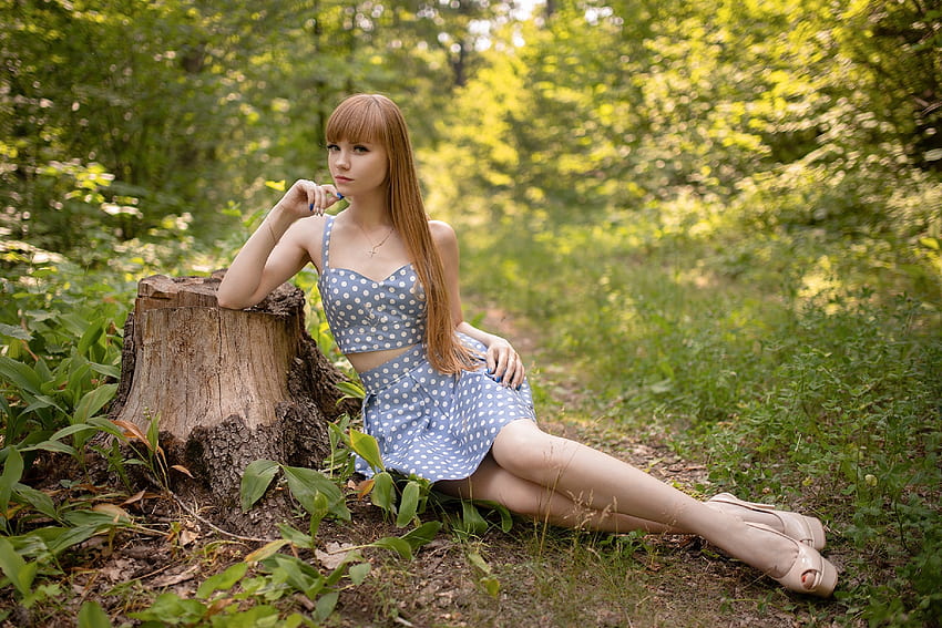 Pretty Redhead Outdoor, outdoors, model, redhead, stump, dress HD wallpaper