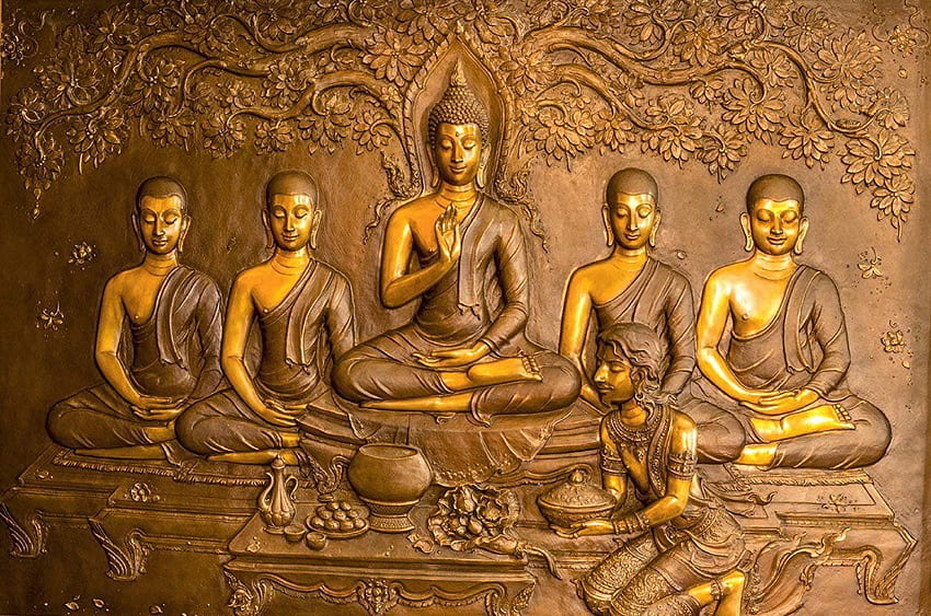 Kayra Decor Gautam Buddha with Disciples 3D Print Decal Deco Indoor Wall Mural: Дом и кухня, Златен Буда HD тапет