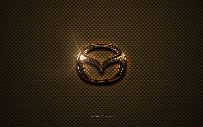 Mazda golden logo, artwork, brown metal background, Mazda emblem, Mazda logo, brands, Mazda HD wallpaper