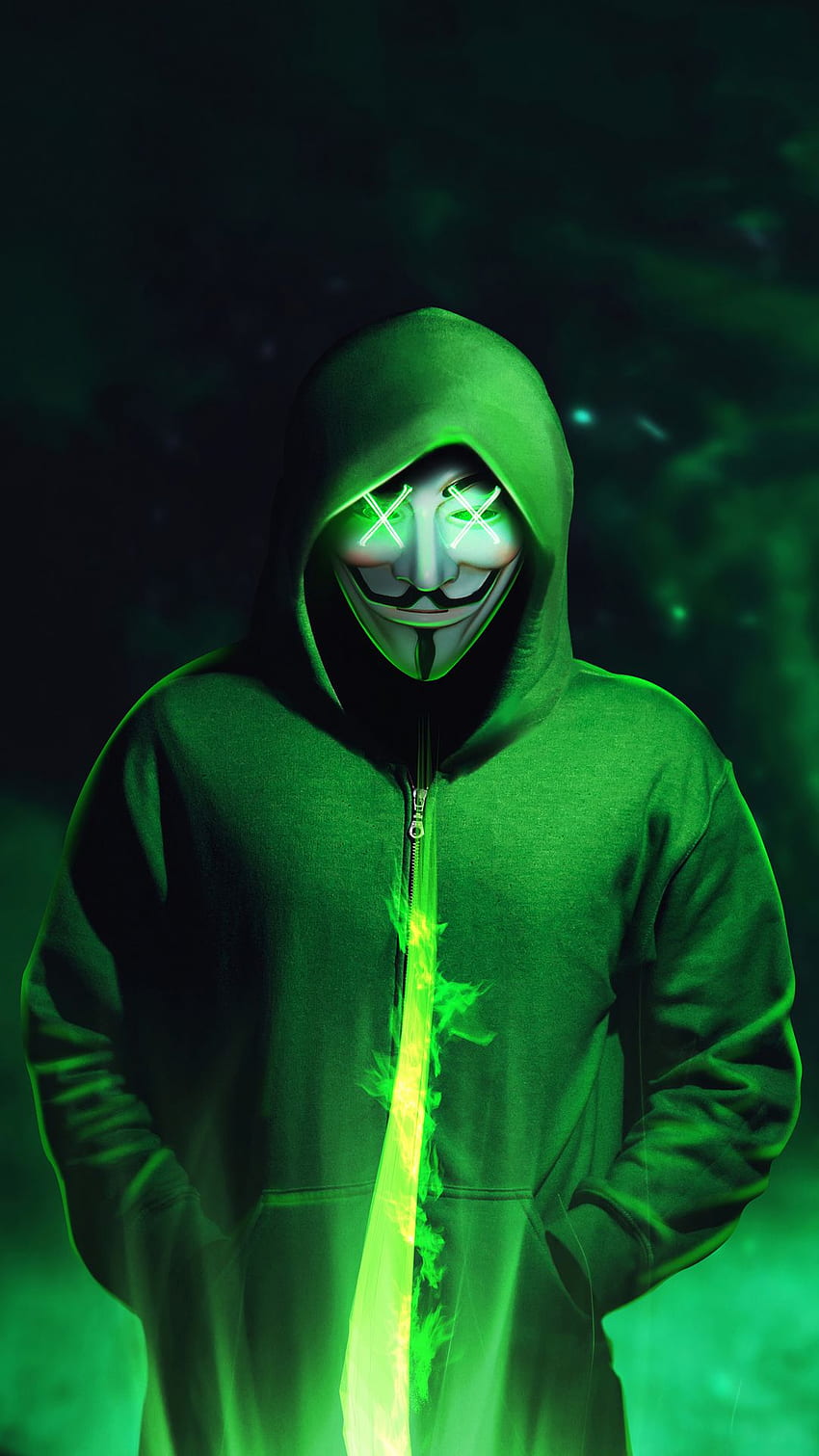 Зелена анонимна маска с качулка HD тапет за телефон