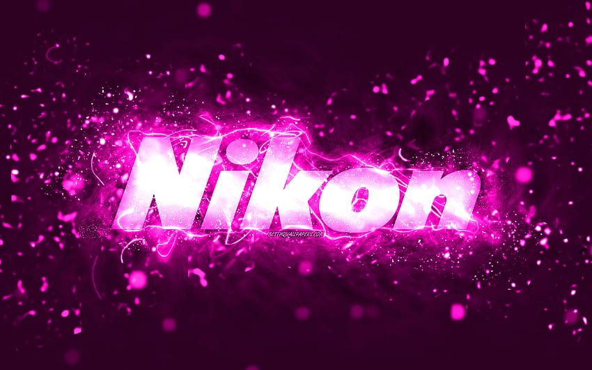 Nikon purple logo, , purple neon lights, creative, purple abstract background, Nikon logo, brands, Nikon HD wallpaper