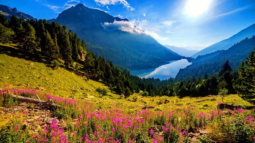 Landscape with mountain and lake, sunshine, sunlight, slope, landscape ...