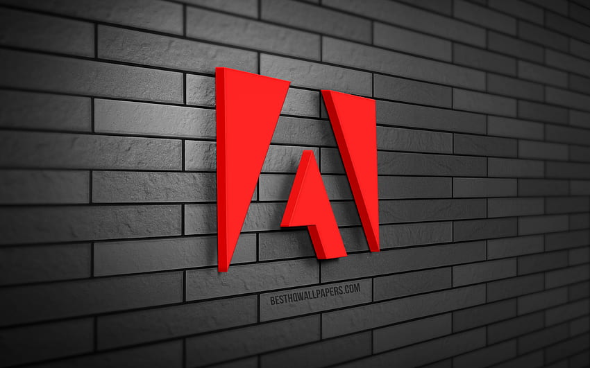Adobe 3D 로고, , 회색 브릭월, 크리에이티브, 브랜드, Adobe 로고, 3D 아트, Adobe HD 월페이퍼