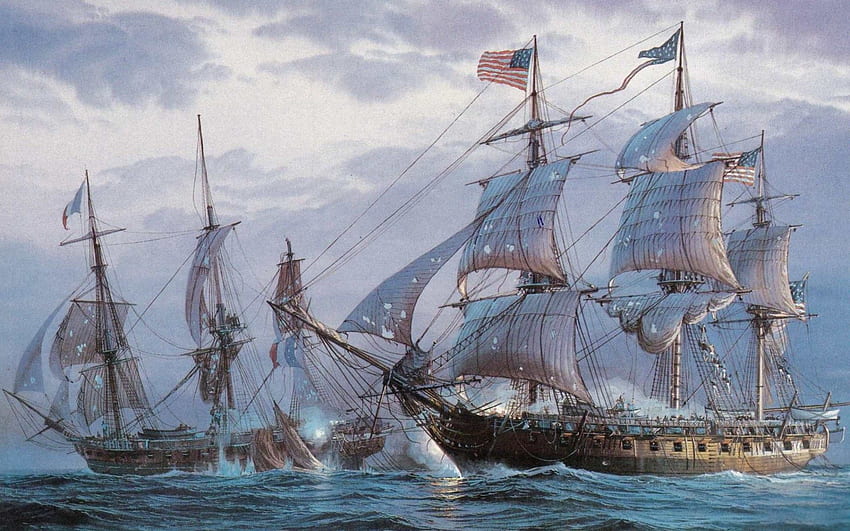 Dipinto battaglia navale fregate a vela colpi danno olio su tela oceano barca barche nave navi . Sfondo HD