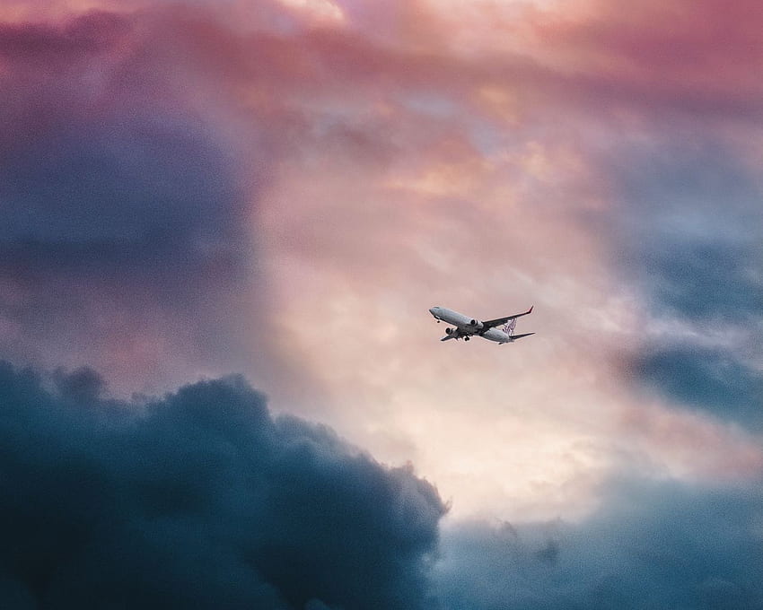 airplane, clouds, flight, sky standard 5:4 background, Pink Airplane HD wallpaper