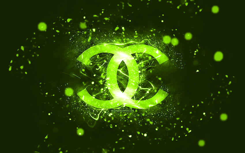Chanel lime logo, , lime neon lights, creative, lime abstract background, Chanel logo, fashion brands, Chanel HD wallpaper
