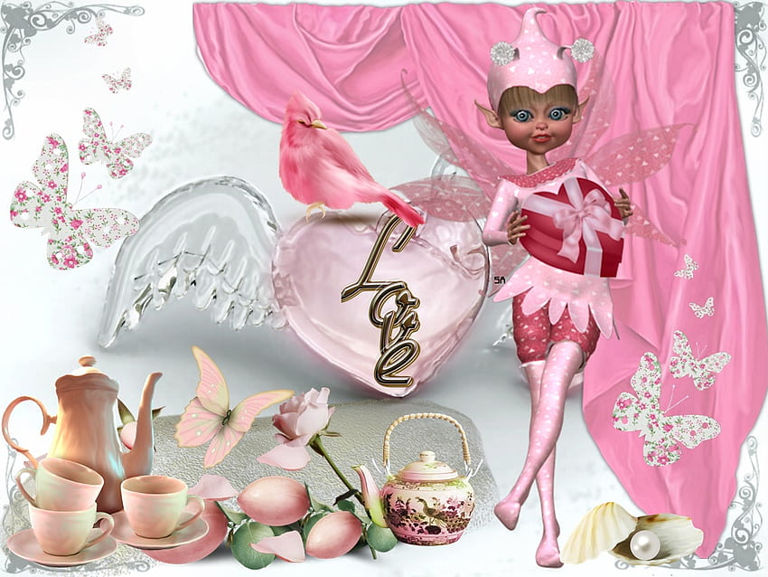 Pink love, fairy, pink, coffe, love HD wallpaper