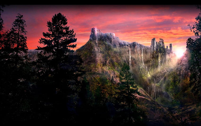 schloss, wds, farbe, kunst, bäume, wasserfälle, himmel, berge HD-Hintergrundbild