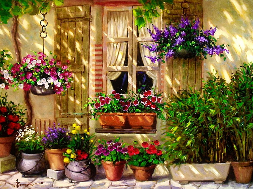 Maison de printemps, cosy, art, fraîcheur, maison, belle, fleurs, printemps, maison Fond d'écran HD