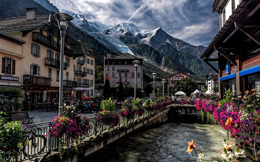 Chamonix, evening, sunset, r, Alps, Chamonix cityscape, Haute-Savoie, France, Chamonix-Mont-Blanc, mountain river HD wallpaper