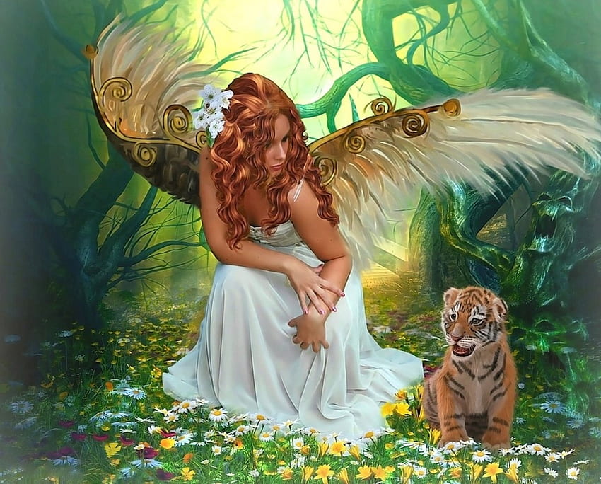 Angel and a Tiger Cub, Green, wings, tiger, cub, pretty, angel, forest, Fantasy HD wallpaper