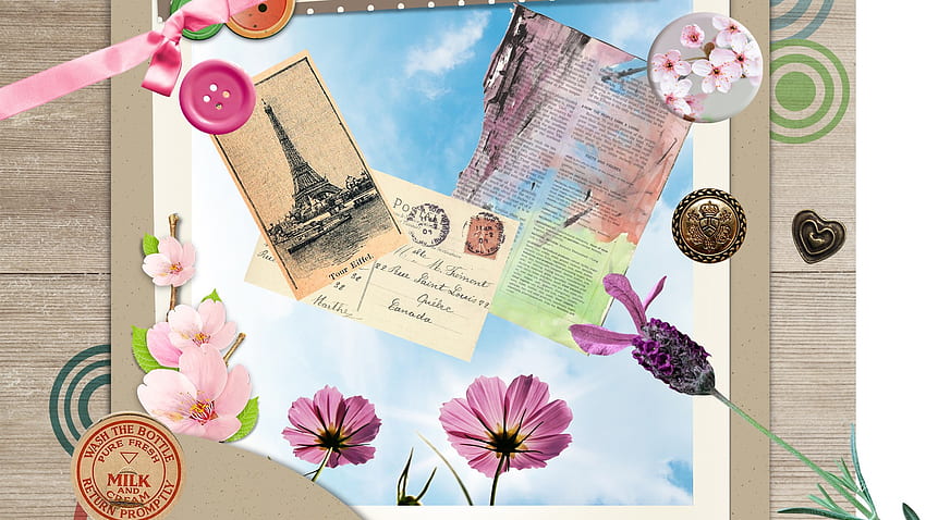 Sending , milk bottle lid, wood, ribbon, flowers, , post cards, paper, button HD wallpaper