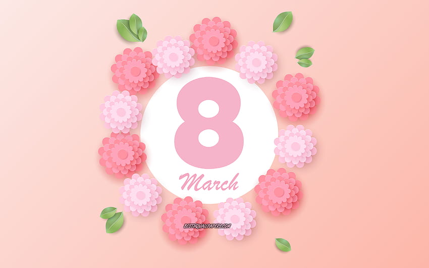 8 Mart Dünya Kadınlar Günü, pembe bahar çiçekleri, 8 Mart şablonu, 8 Mart arka planı, bahar çiçekleri arka planı, 8 Mart tebrik kartı HD duvar kağıdı