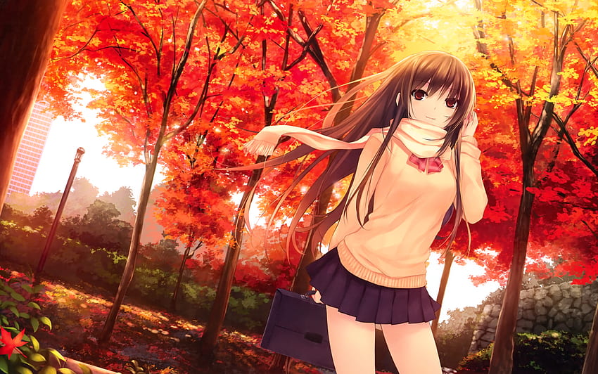 Dzień jesieni, brązowe oczy, dziewczyna, mundurek szkolny, drzewo, budynki, liście, anime, oryginalny, brązowe włosy, jesień, szalik Tapeta HD